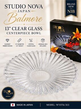 Studio Nova Japan Balmore 13” Crystal Glass Centerpiece Fruit Serving Bowl NIB